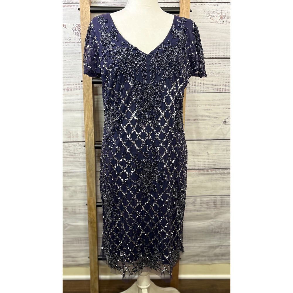 Pisarro Nights Navy Blue Beaded Sequin Special Event Dress Women Size 16